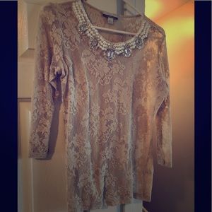 •women’s• cream / taupe lace top w/ embellishments